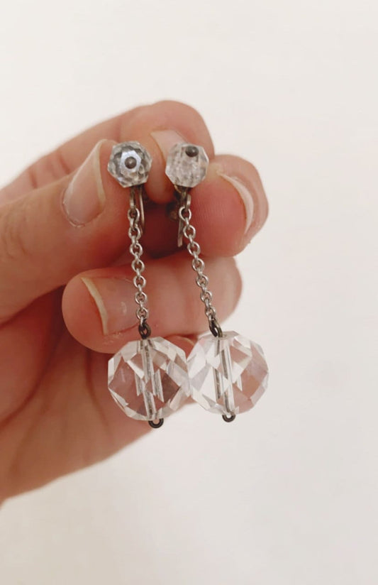 Vintage 1950s Rock crystal ball sterling silver screw back earrings