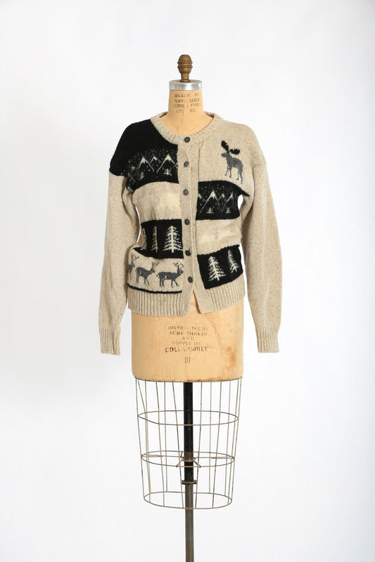 Woodland knit sweater | Vintage 80s Eddie Bauer Snowflake moose red wool blend Christmas cardigan sweater