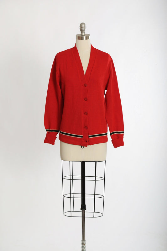 Vintage 50s red striped knit wool cardigan Varsity sweater