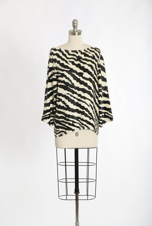 Vintage 80s St. Martin sequin beaded striped zebra silk blouse