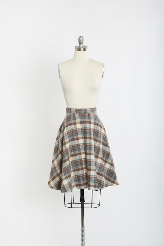 Plaid wool skirt | Vintage 70s woven brown blue plaid wool skirt