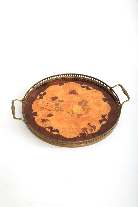 Vintage Italian Marquetry floral inlay bronze serving tray