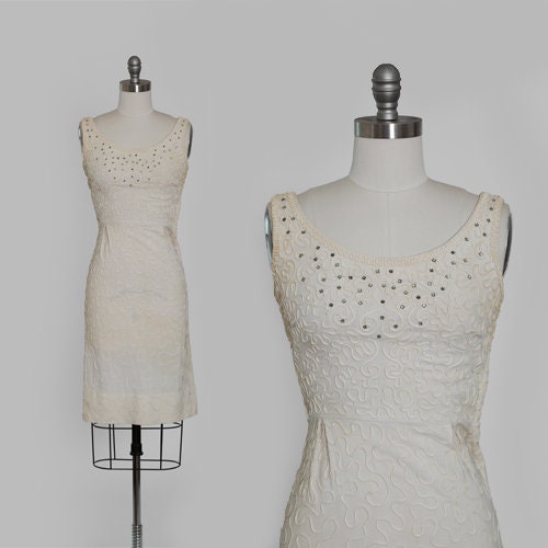 50s rhinestone embroidered cotton wiggle dress