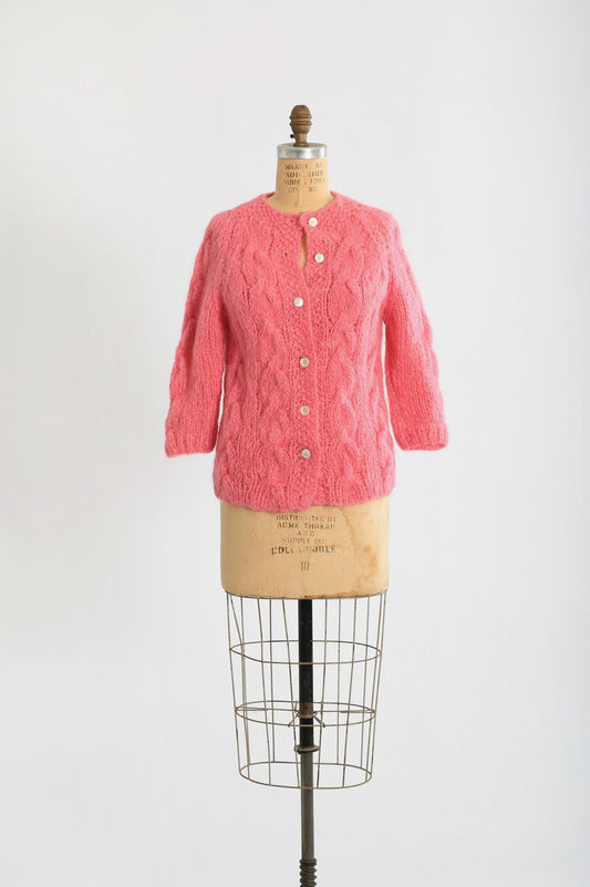 Vintage 60s Pink hand knit Italian wool sweater cardigan