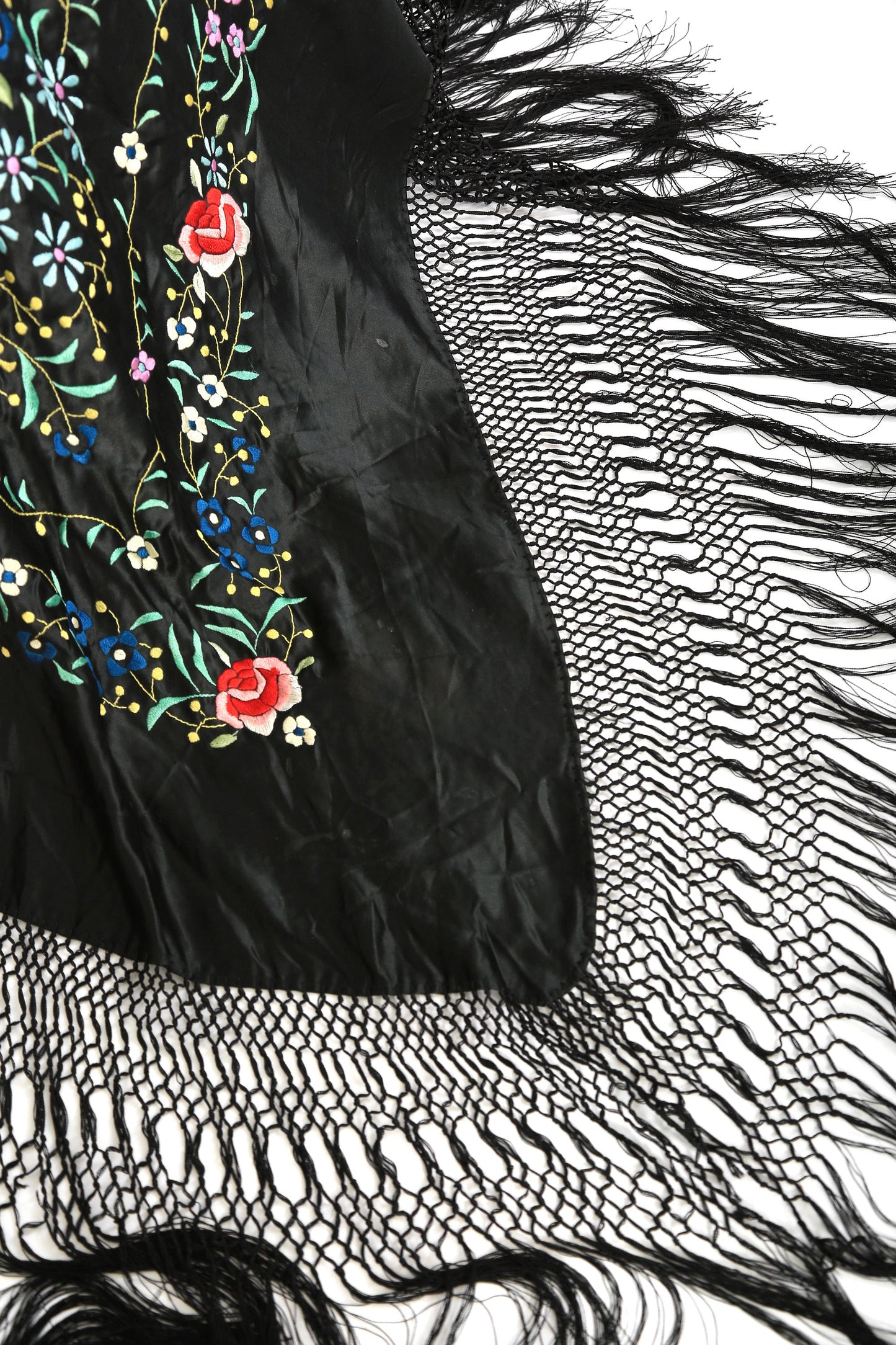 Antique Vintage 1920s silk hand embroidered floral piano shawl
