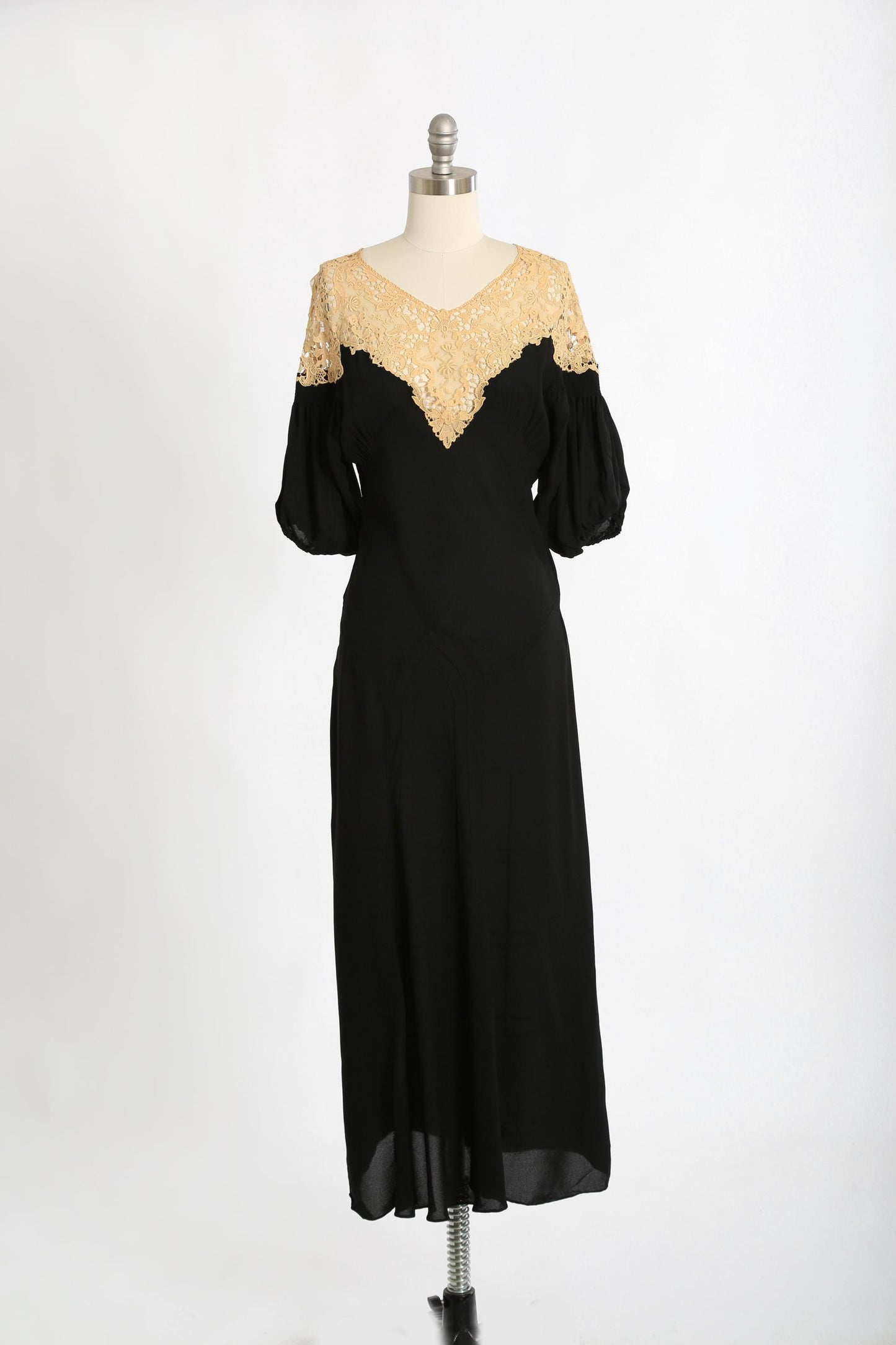 Antique Vintage 1930s bias cut black floral crochet lace puff sleeve dress