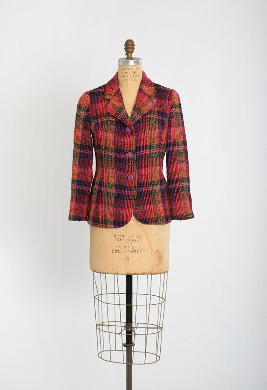Vintage 70s Pink plaid Scottish wool blazer jacket