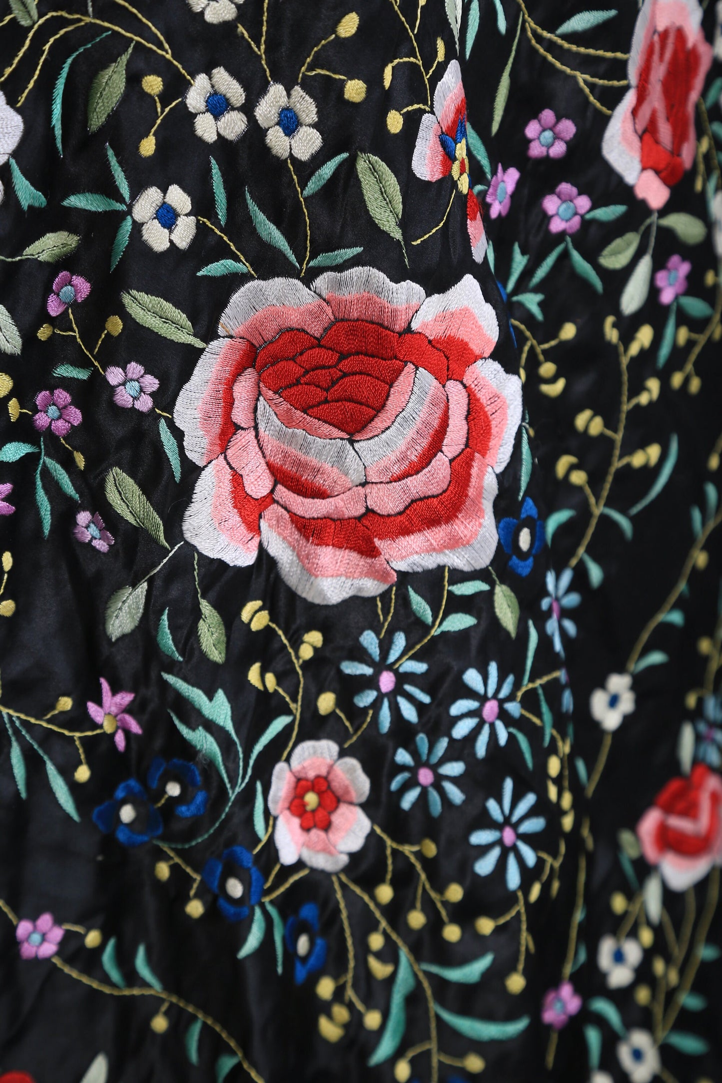 Antique Vintage 1920s silk hand embroidered floral piano shawl