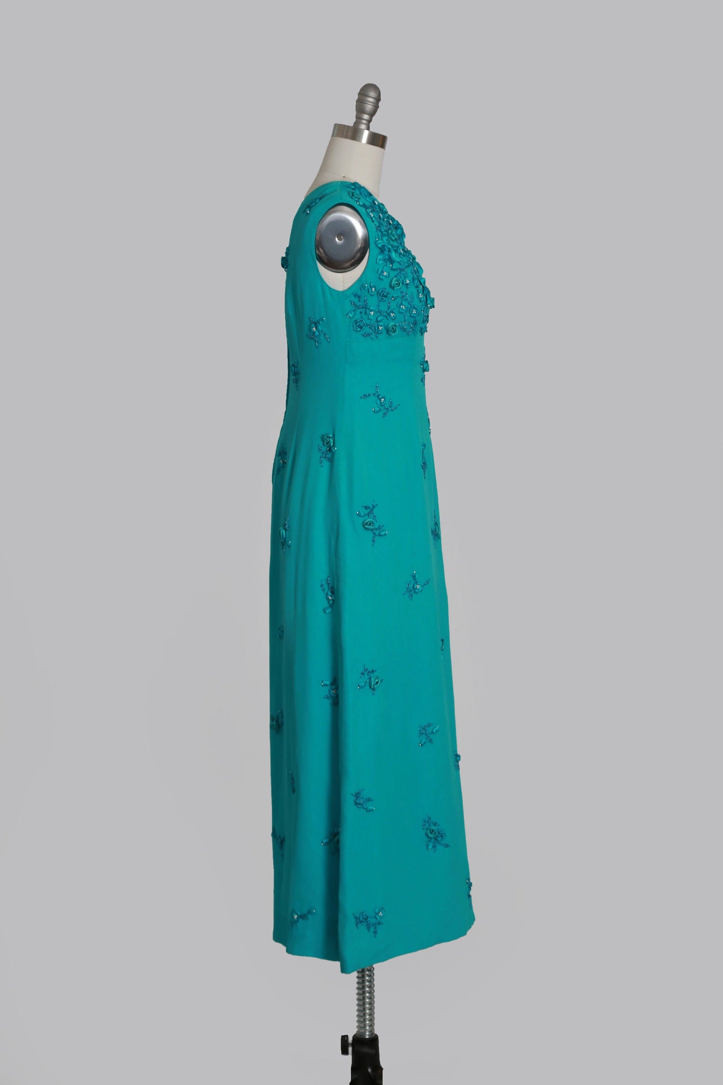 Vintage 60s blue silk hand beaded 3D floral maxi dress