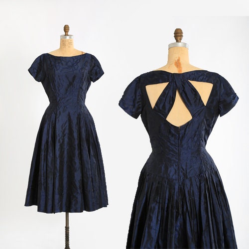 Vintage 50s Neiman Marcus blue silk taffeta bow open back cocktail dress