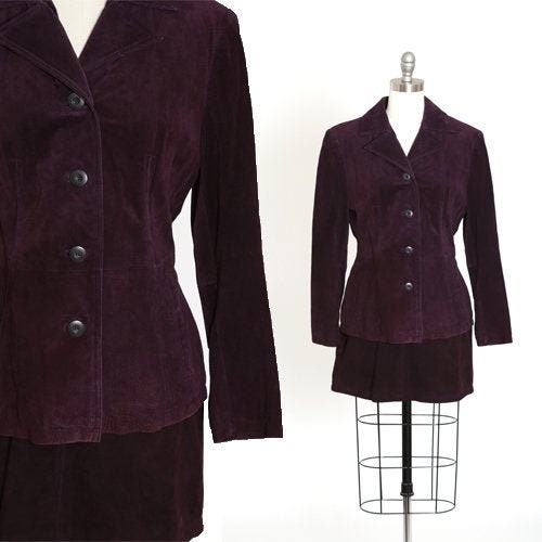 90s Wilsons purple leather suit | Vintage 1990s Wilsons deadstock suede leather jacket mini skirt