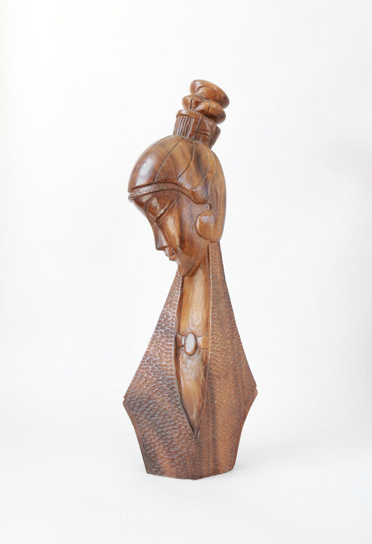 Vintage Mid Century Modern hand carved Monkey Pod Female bust figure | Tiki Bust wood Sculpture