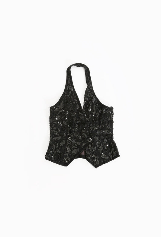 Vintage 90s Black beaded sequin tuxedo halter top