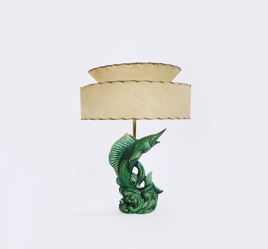 Vintage 1950s Mid Century Modern ceramic Marlin fish lamp + Fiberglass shade
