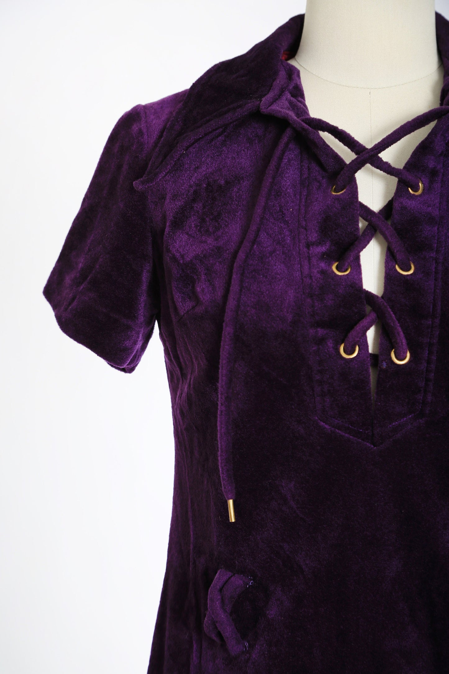 Vintage 60s 70s purple Velvet mini dress | 1960s 1970s lace up hippie mini dress