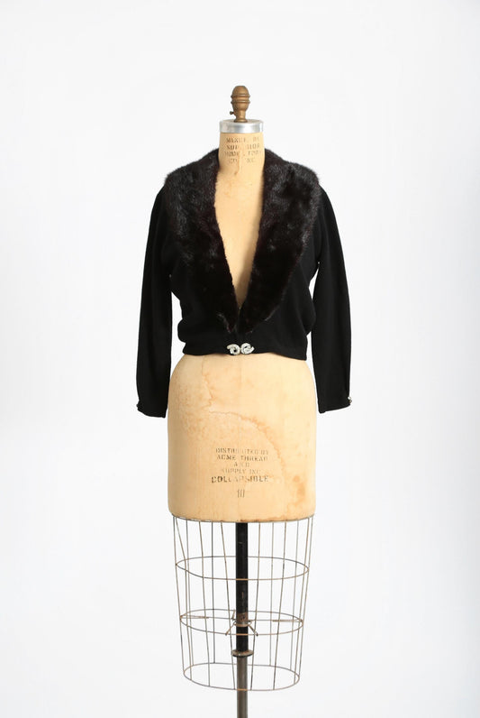 Vintage 50s black Cashmere Mink fur Collar knit cardigan sweater
