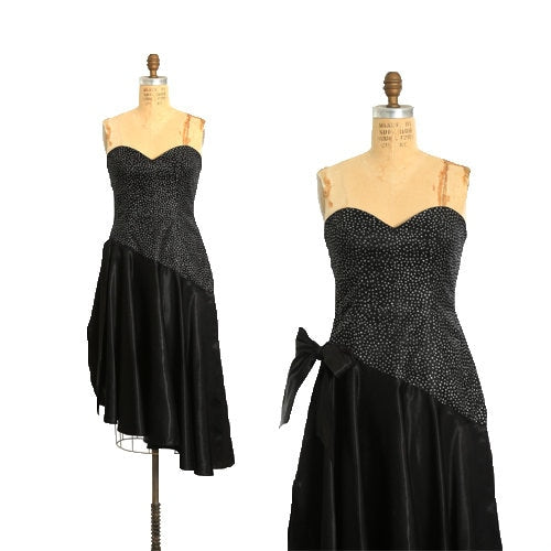 Vintage 90s does 50s black glitter asymmetrical satin cocktail dress