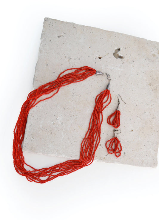 Vintage Native American sterling silver Santo Domingo Heishi coral multi strand necklace + earrings