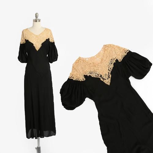 Antique Vintage 1930s bias cut black floral crochet lace puff sleeve dress