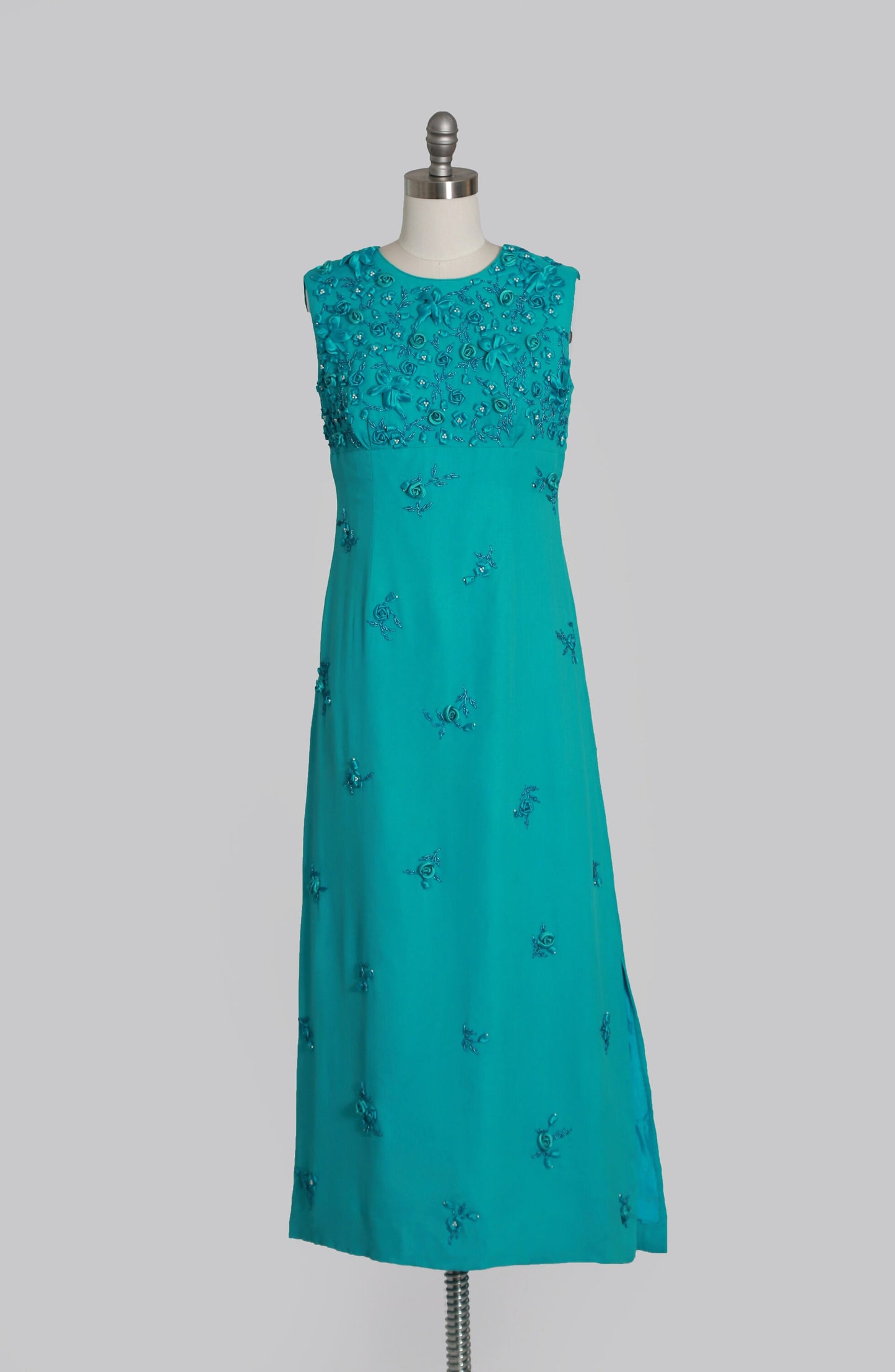 Vintage 60s blue silk hand beaded 3D floral maxi dress