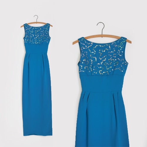 Vintage 60s blue iridescent sequin maxi dress
