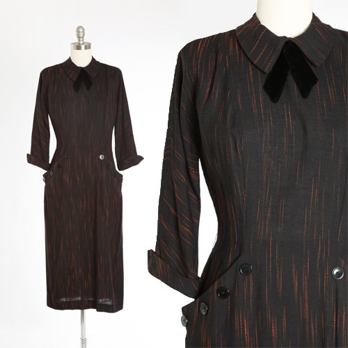 Vintage 40s 50s black & orange embroidered ascot bow dress