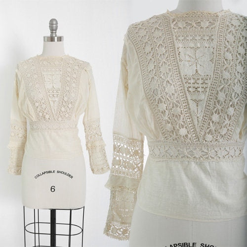 Antique Edwardian 1900s natural cotton lace crochet blouse