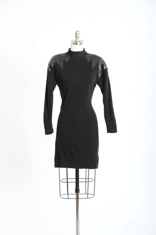 Vintage 80s black knit faux leather bodycon dress