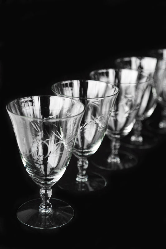 Antique floral glasses | Vintage 40s hand blown etched drinking glasses | champagne wedding barware glasses 5