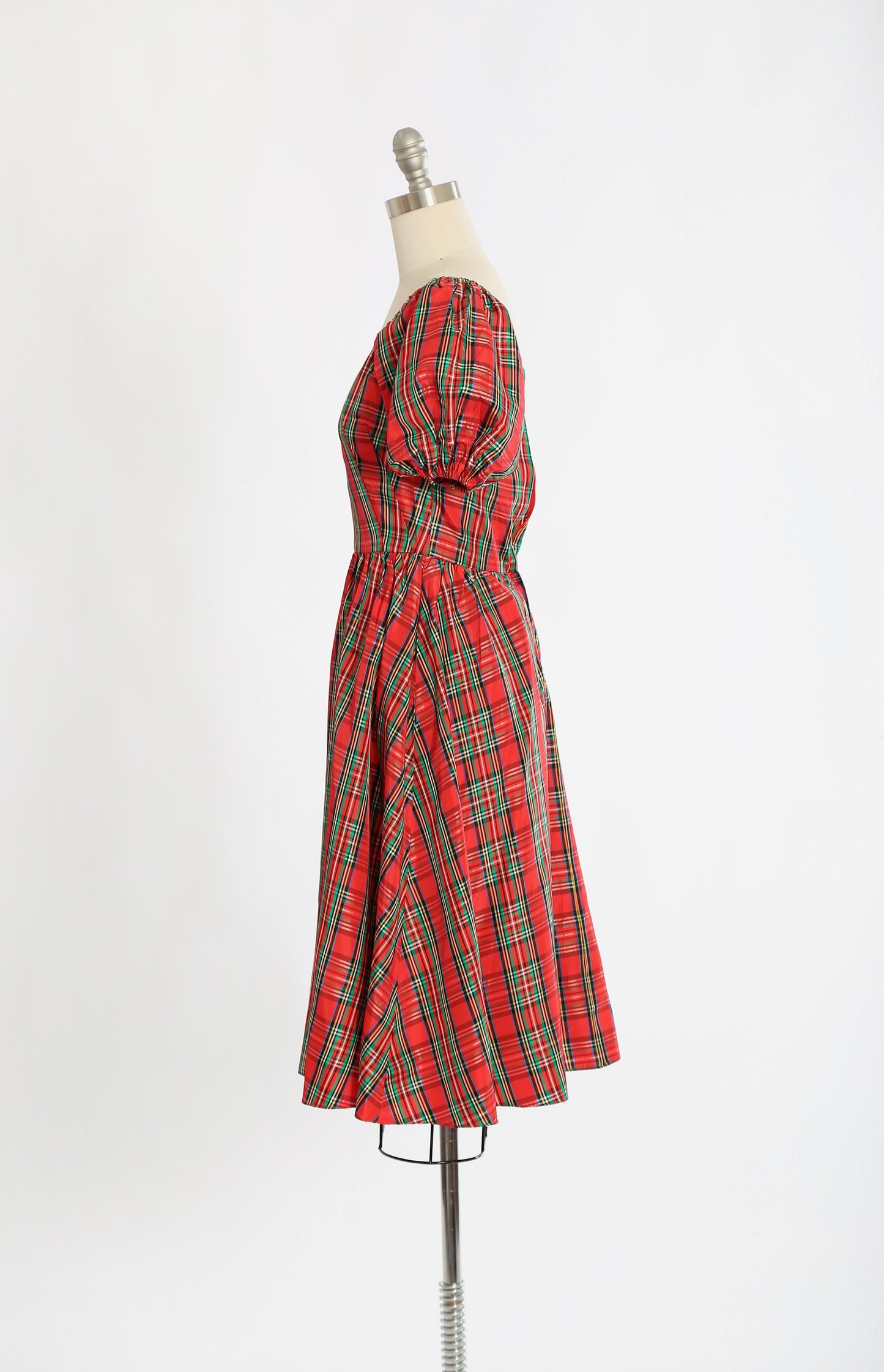 Vintage 80s Red plaid puff sleeve satin dress