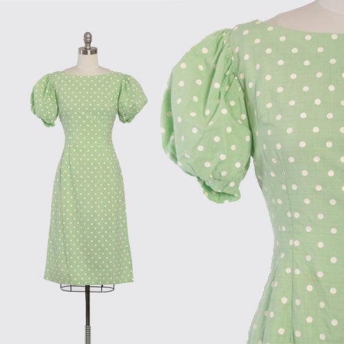 40s puff sleeve dress | Vintage 1940s polka dot mint green dress
