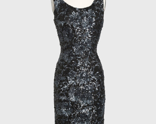 Vintage 50s black hand sequin wool wiggle dress